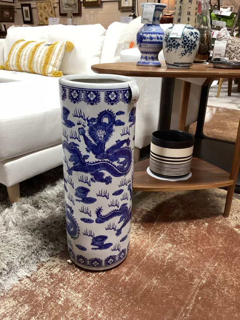 Oriental Porcelain Umbrella Stand w/ Blue & White Dragon 9"D x 23.5"H