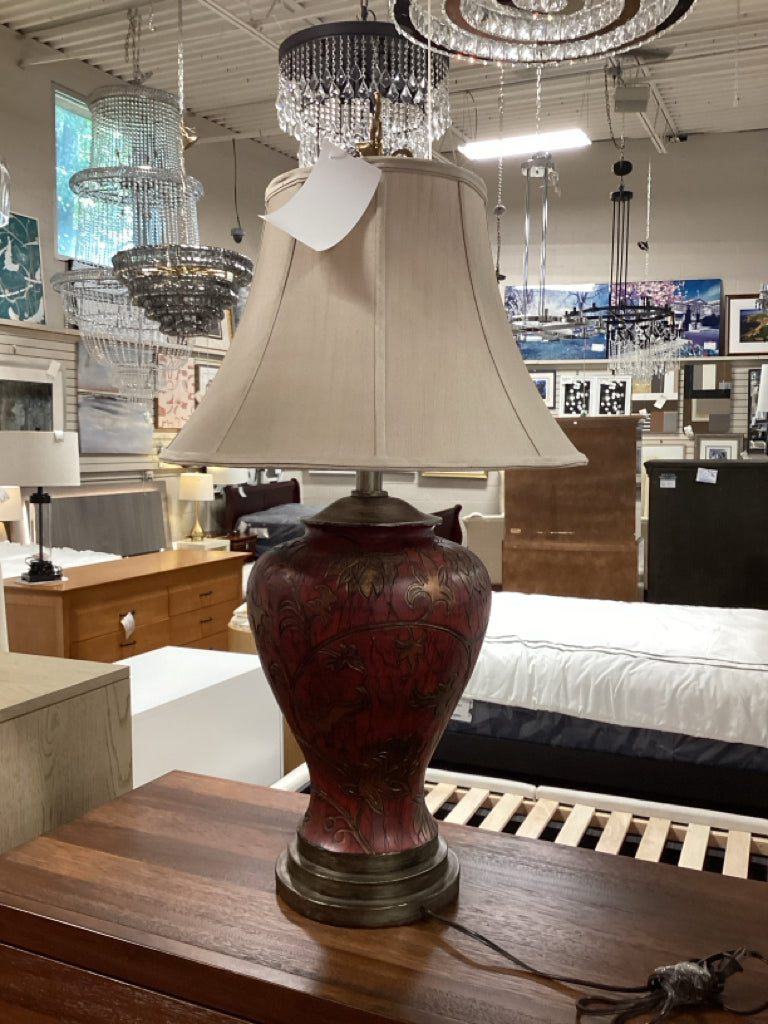 Red and Gold Floral Design Lamp w/ Cream Shade 34"H