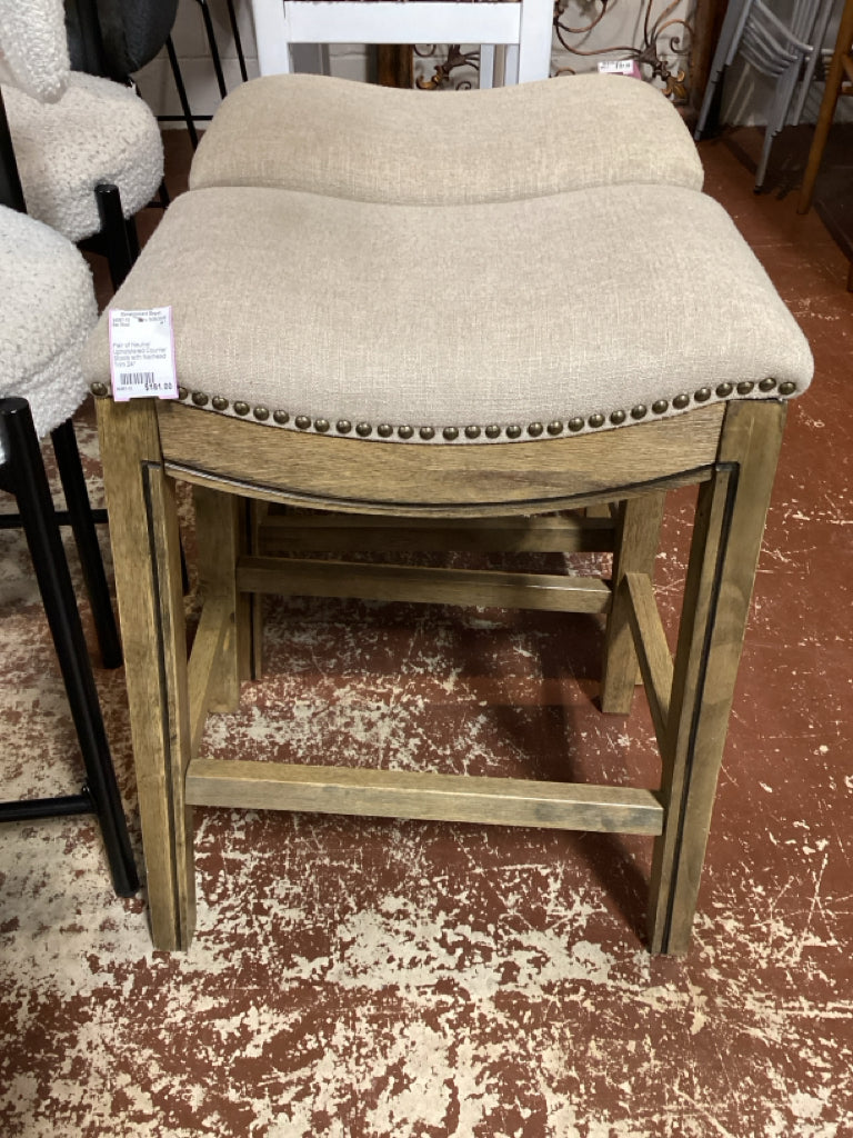 Pair of Neutral Upholstered Counter Stools with Nailhead Trim 24"