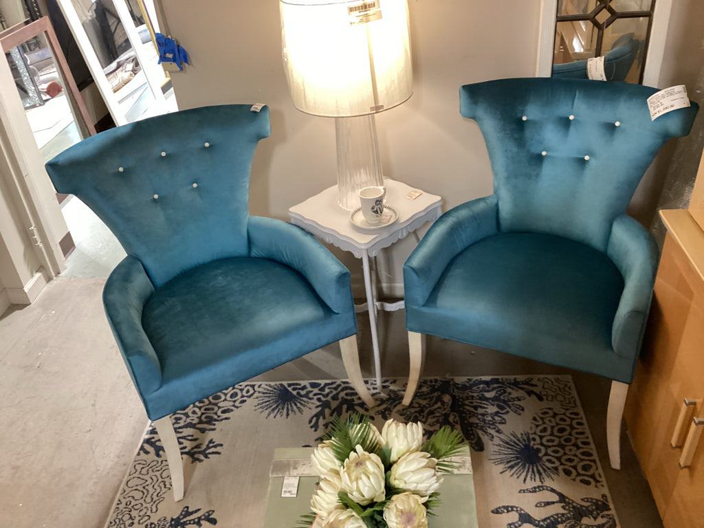 Pair of Custom Teal Hollywood Regency Style Velvet Wingback Chairs w/ Solid Legs