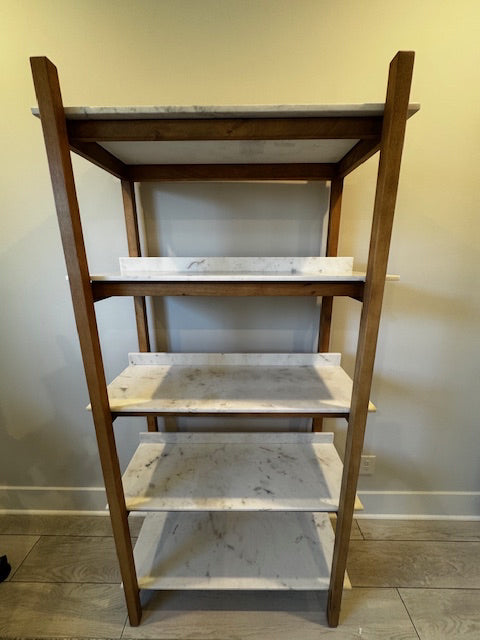 Four Hands Scout bookshelf in Auburn Mango; 5 marble shelves; 76x34x17