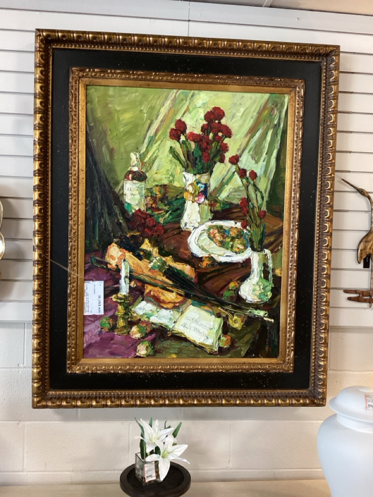 Art / still life oil on canvas / black & gold wodd frame 43 x 53