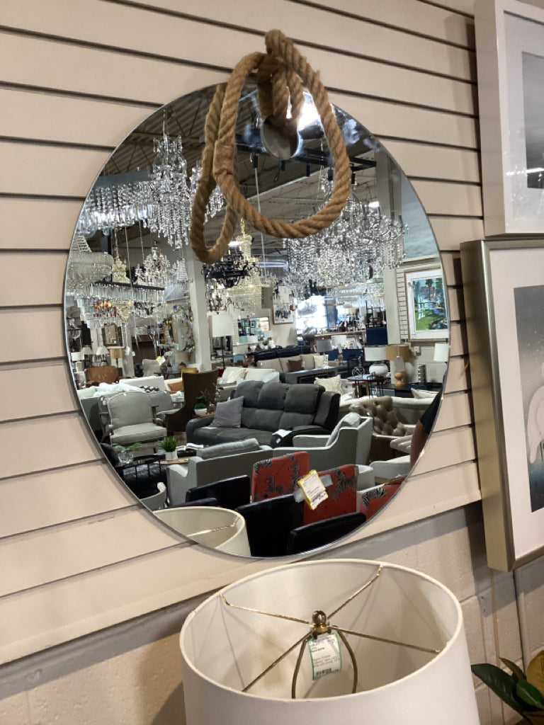 Rope knotted/mounted round mirror on wooden peg anchor; 32â€d