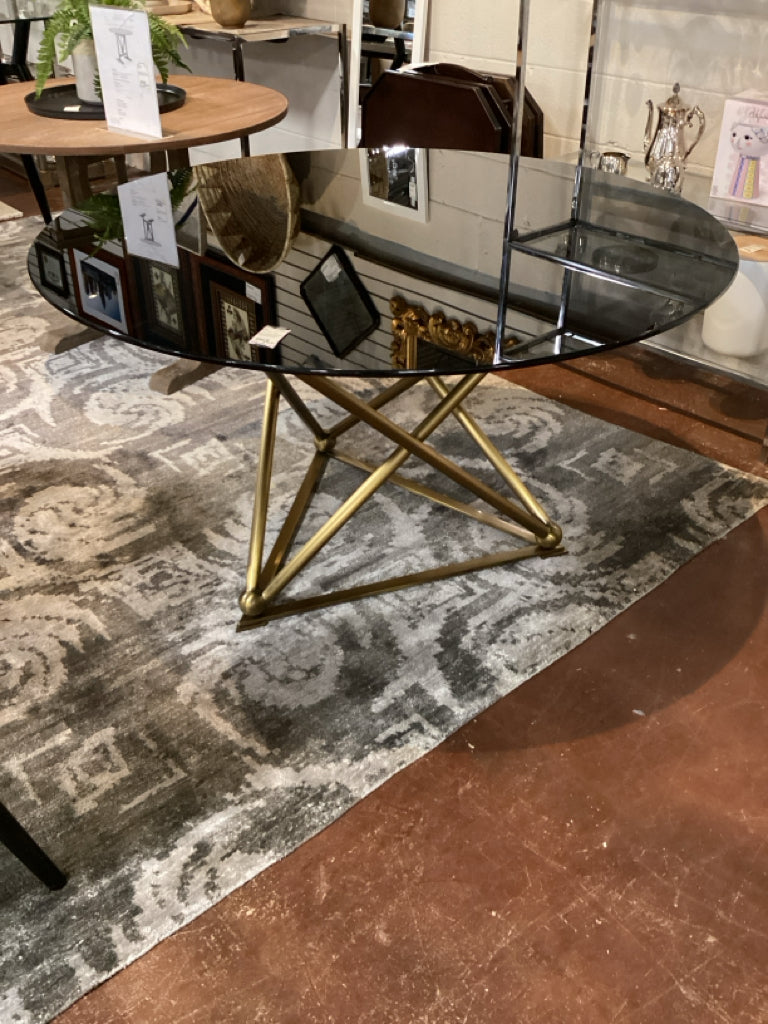 Round Black Smoked Glass Table w/ Geo Gold Base 51x29