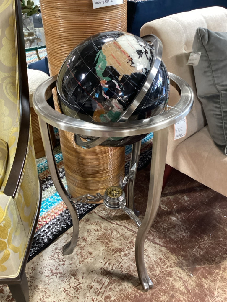 Standing Black Onyx Ocean Gemstone World Globe Silver 4 Leg Stand 36" Globe