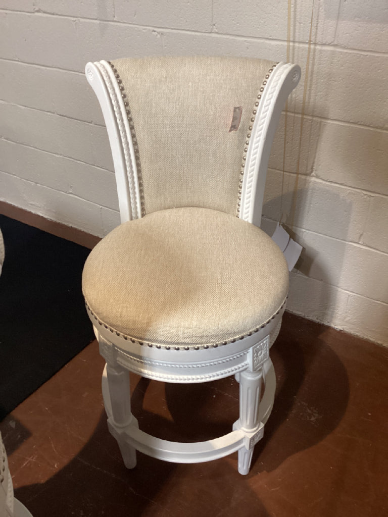 PAIR Bar Stools / Pullman counter stool / cream & white w/ nail head trim