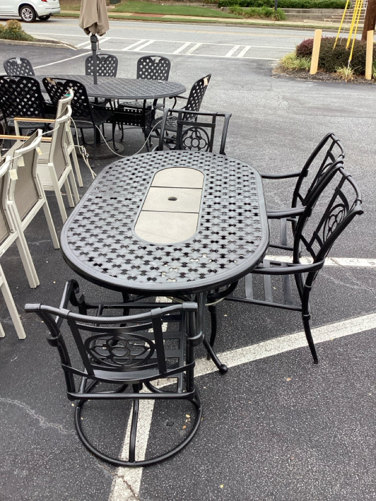 Cast Aluminum Patio Dining Table w/ Two Swivel Arm Chairs & Two Arm Chairs / Sto