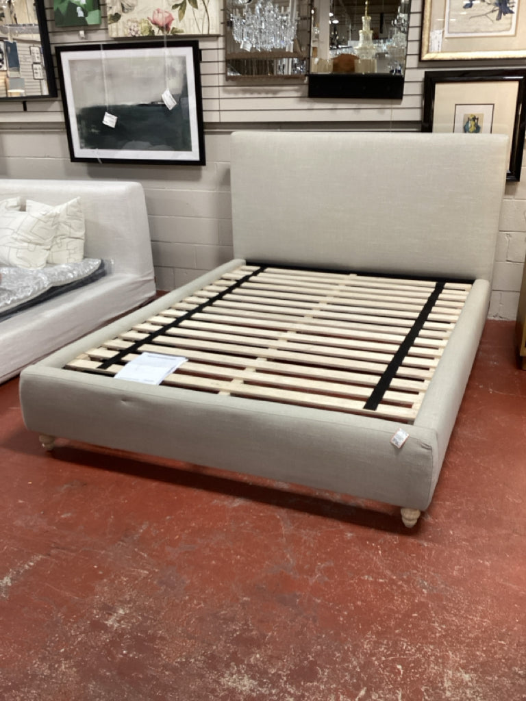 Queen Bed / cream linen upholstered HB, FB, rails & slats
