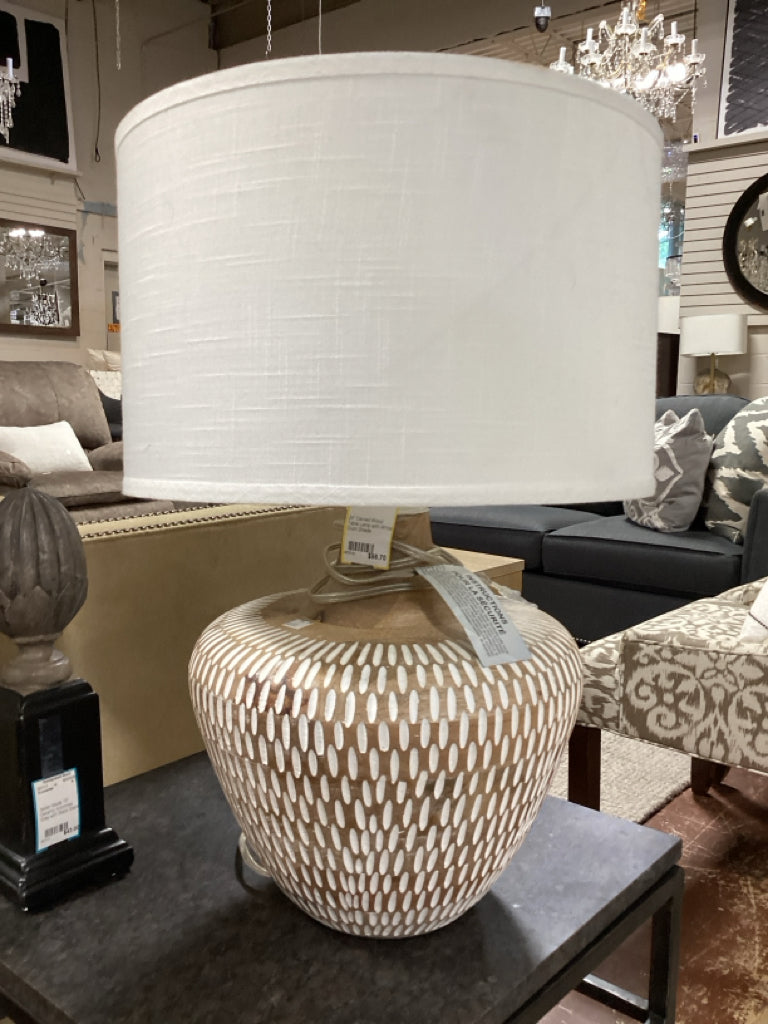 24" Carved Wood Table Lamp with White Drum Shade