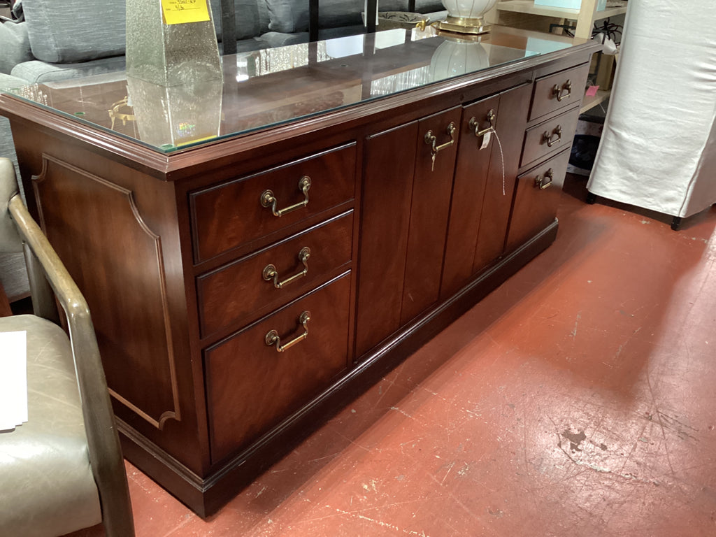 Kimball Mahogany Credenza/ 6 drawer, 2 door with glass top 72 x 21 x 30