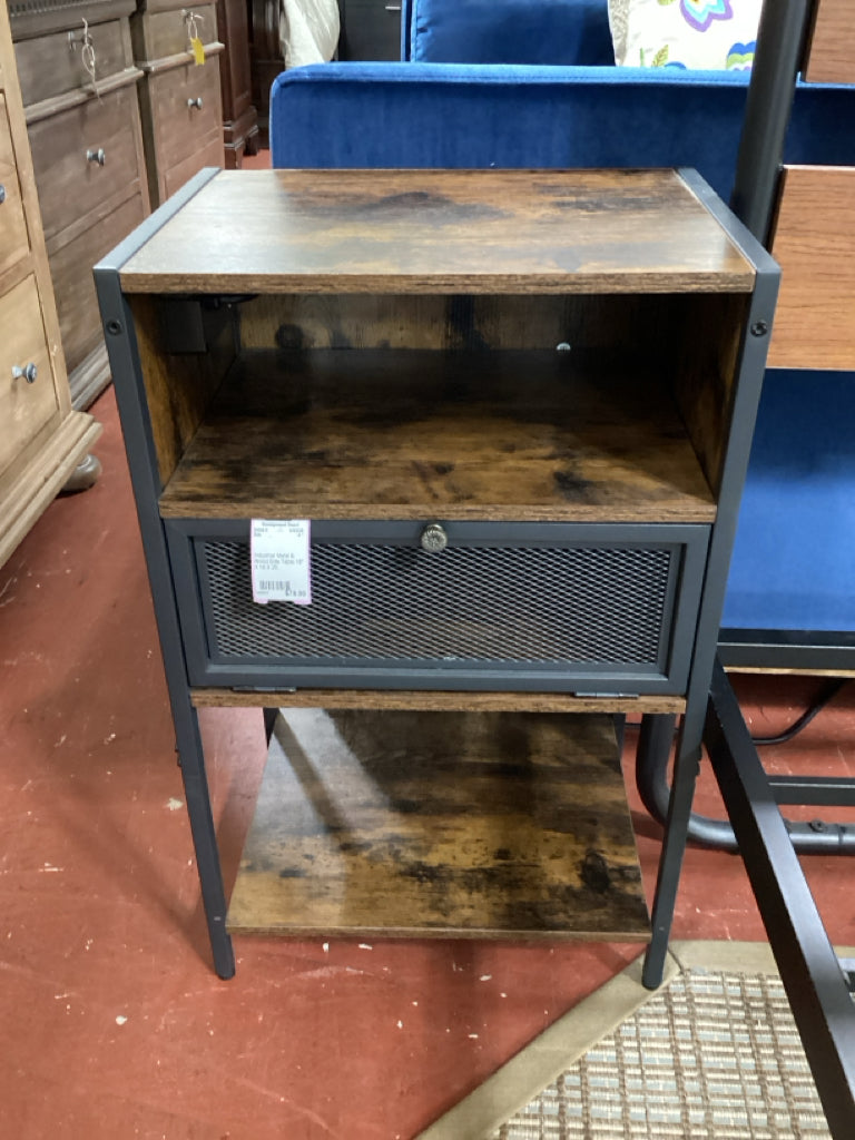 Industrial Metal & Wood Side Table 18" X 16 X 25