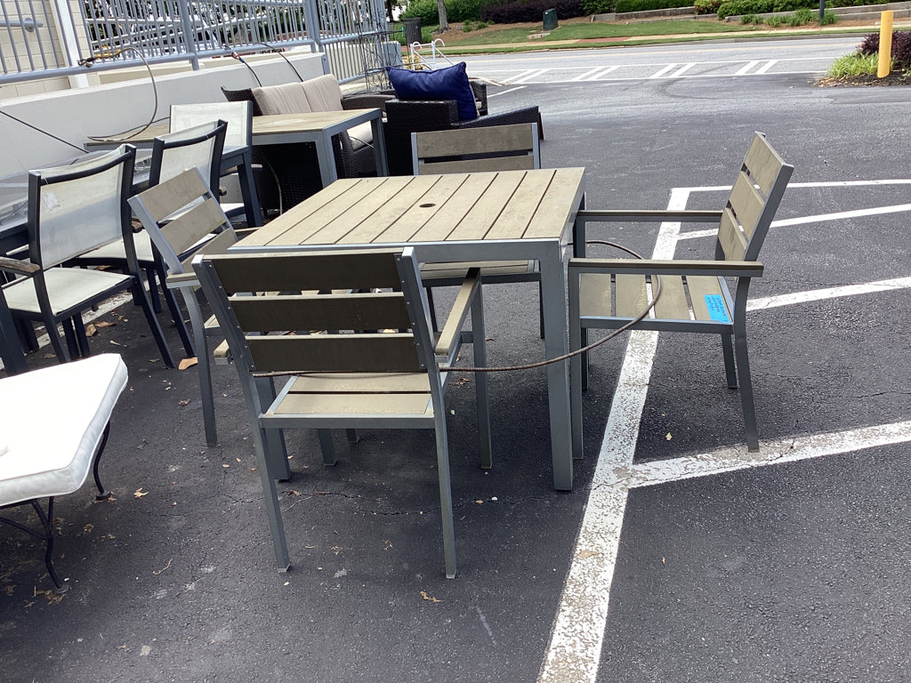 Grey outdoor table set with table :35x35x29 3 chairs:22x18x34 1 chair as found