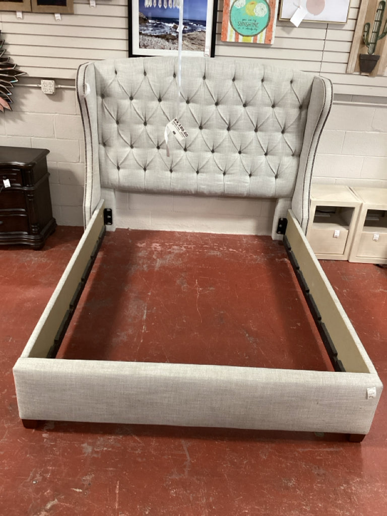 Queen Upholstered Tufted Taupe Bed HBFB Rails