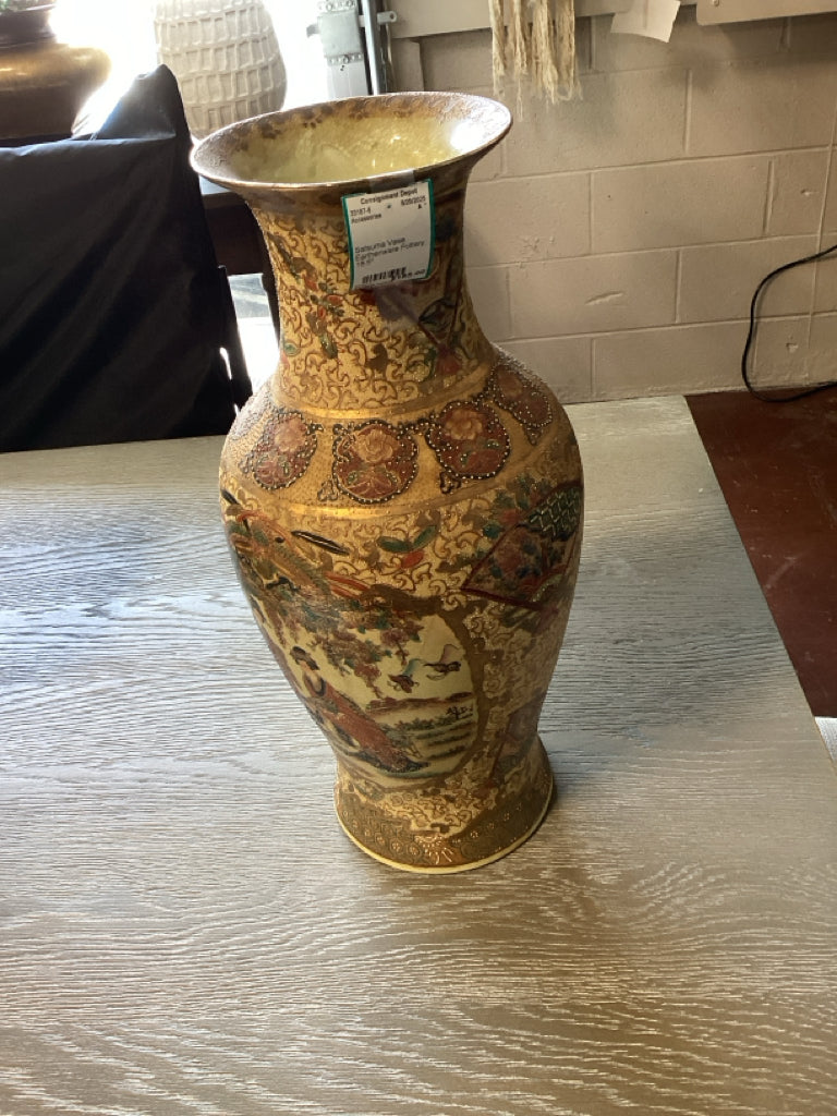 Satsuma Vase, Earthenware Pottery, 18.5"