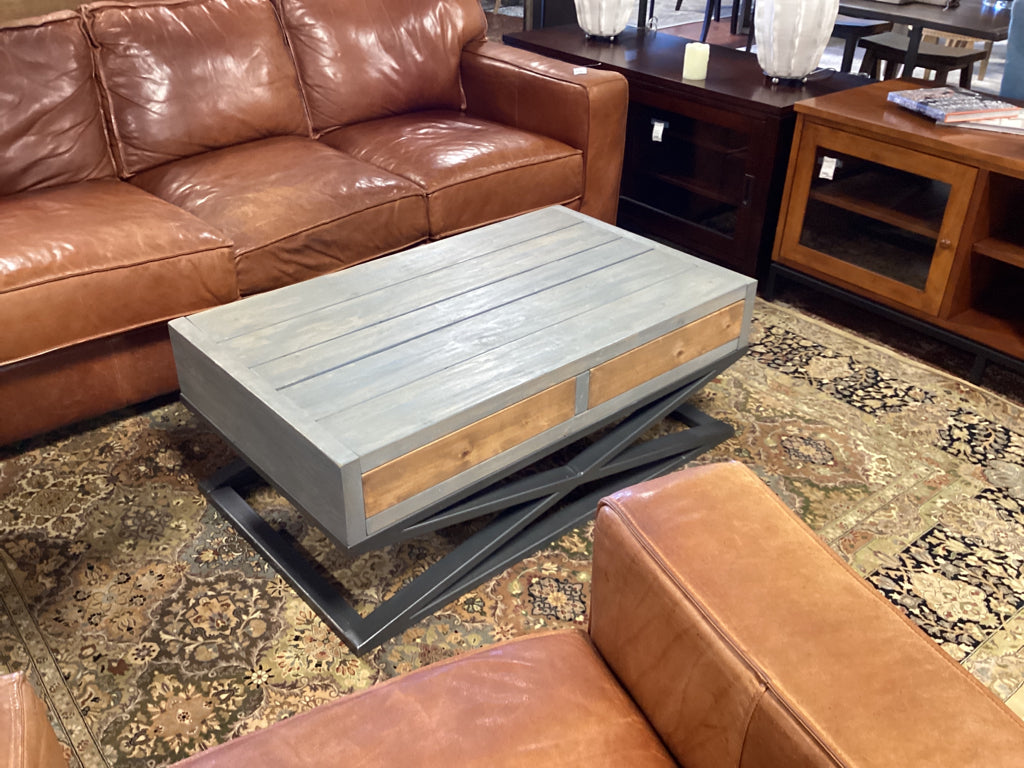 Coffee Table 44" x 26" x 17 "H with Metal Cross Legs \ 2 Drawers w/leather