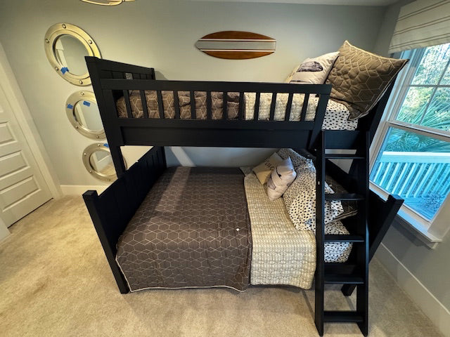 Pottery Barn Teen black bunk bed twin over full; 72â€58x80