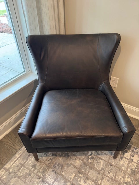 Four Hands Marlow wing back chair, brown leather; 29.5x29x17