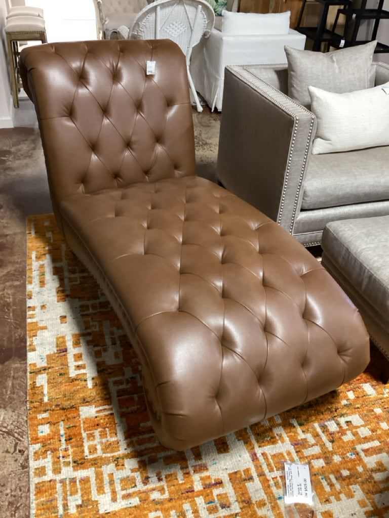 Chaise / brown faux leather tufted / nail head trim/  60 x 28 x 38 high