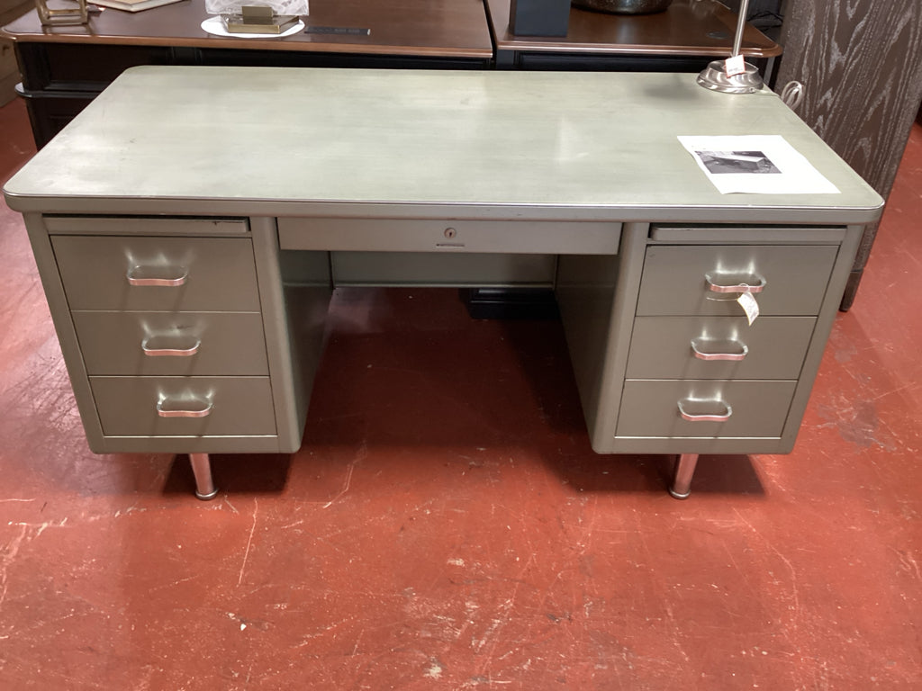 Mid century METAL tanker Desk/ grey-green 6 drwr 30 x 60 x 29