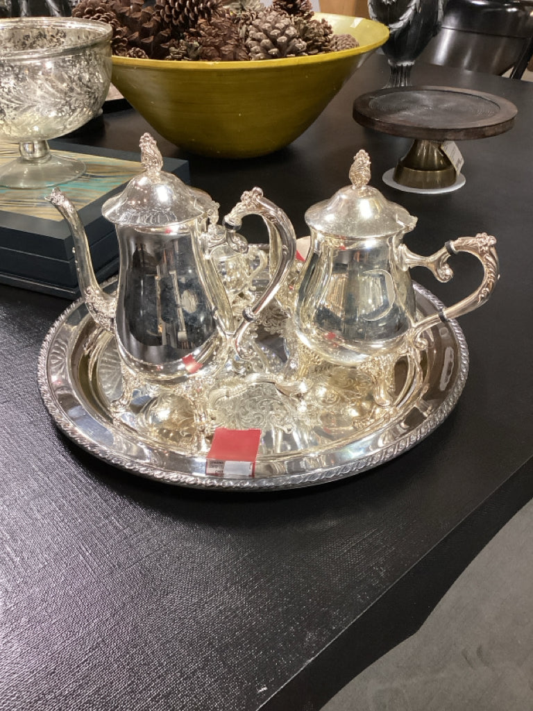 Elegant Vintage Silver-Plate Coffee& Tea Service with Serving Tray