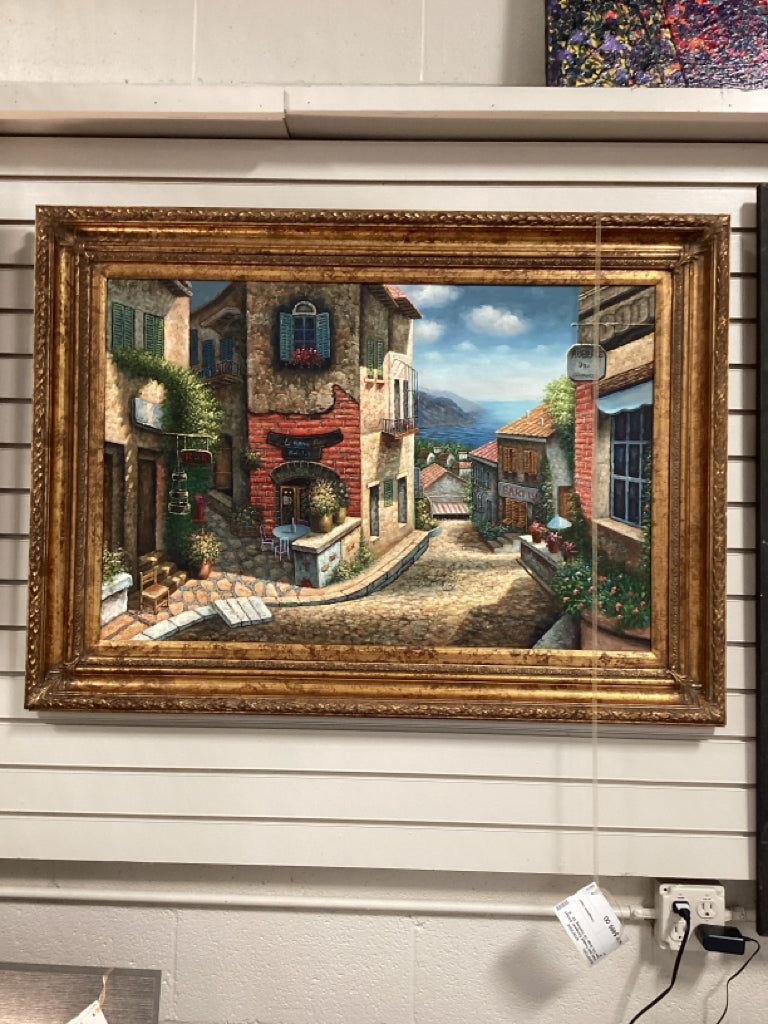 Mediterranean Coastal Village Scene Oil Painting Gold Ornate Frame 32" X 44"