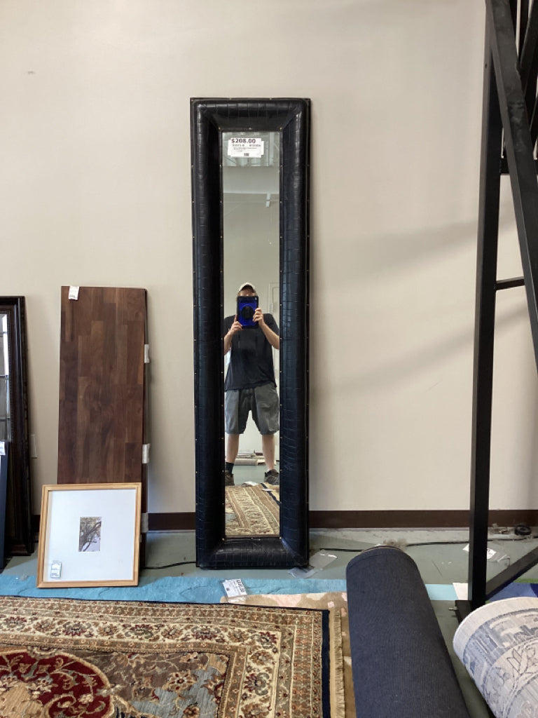 Mirror / Black leather framed floor or wall mirror 79 x 20