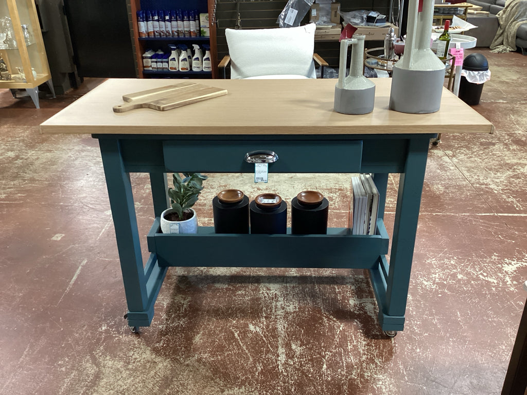 Kitchen Island / green/ natural top / 1 drawer lower shelf 52 x 25 x 33.5" high