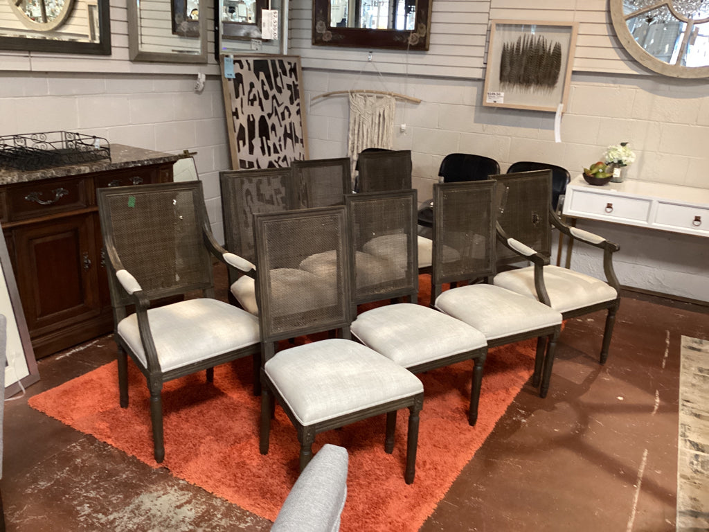 SET of 8 Restoration Hardware Vintage French Cane Back Fabric Chairs