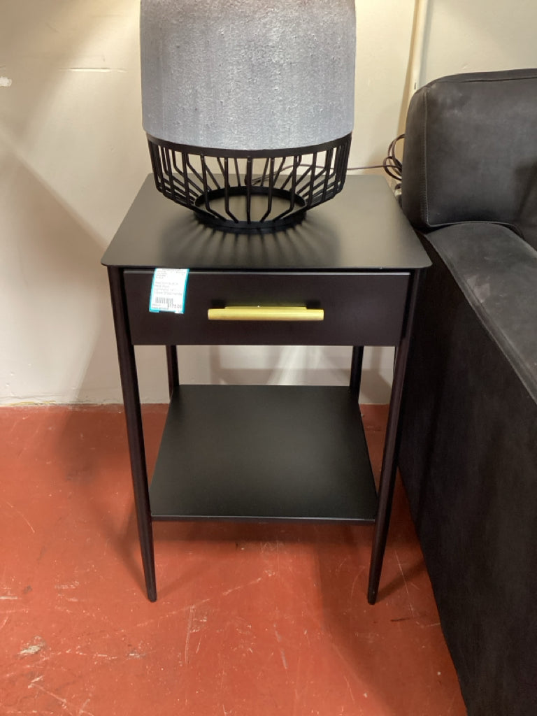 West Elm BLACK Metal Work Nightstand, 16" 1 Drawer,Brass Handle