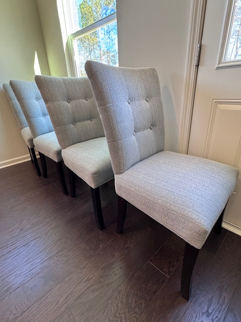 Set of 4 Upholstered dining chair, tufted, pale blue/ivory with cherry legs