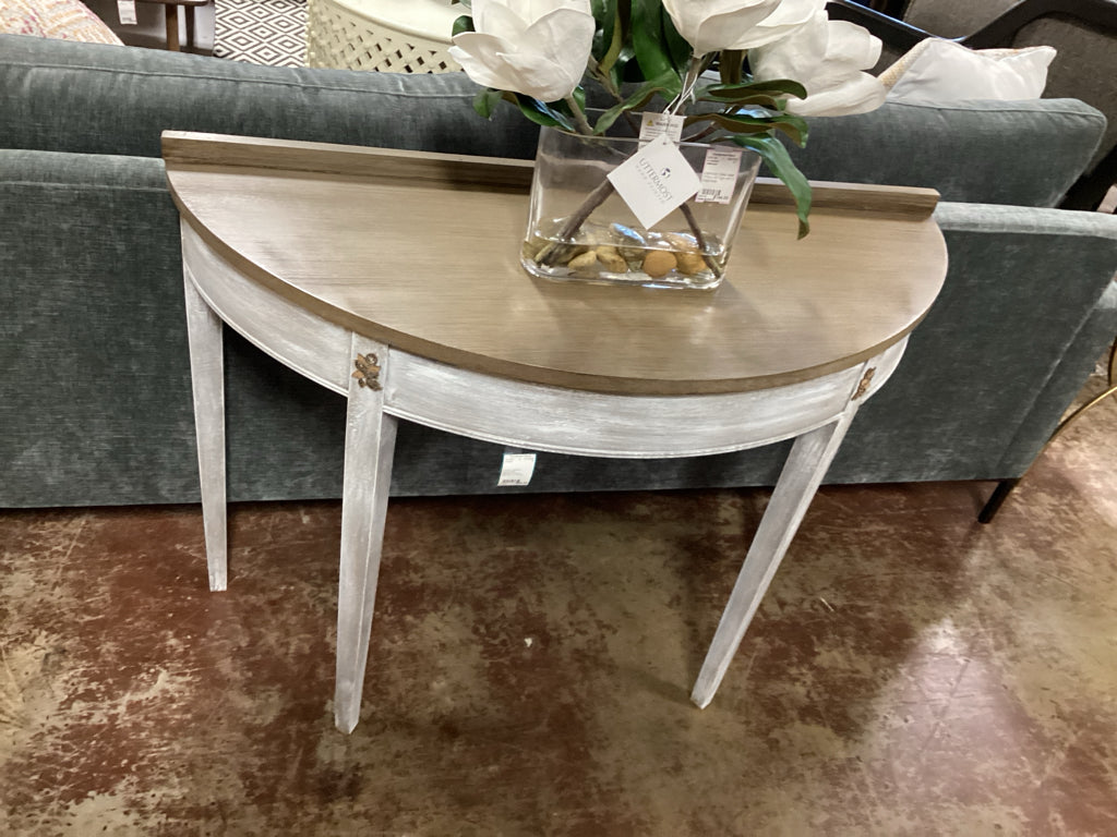 Console / demilune taupe & white distressed console table 42 x 17 x 30 high