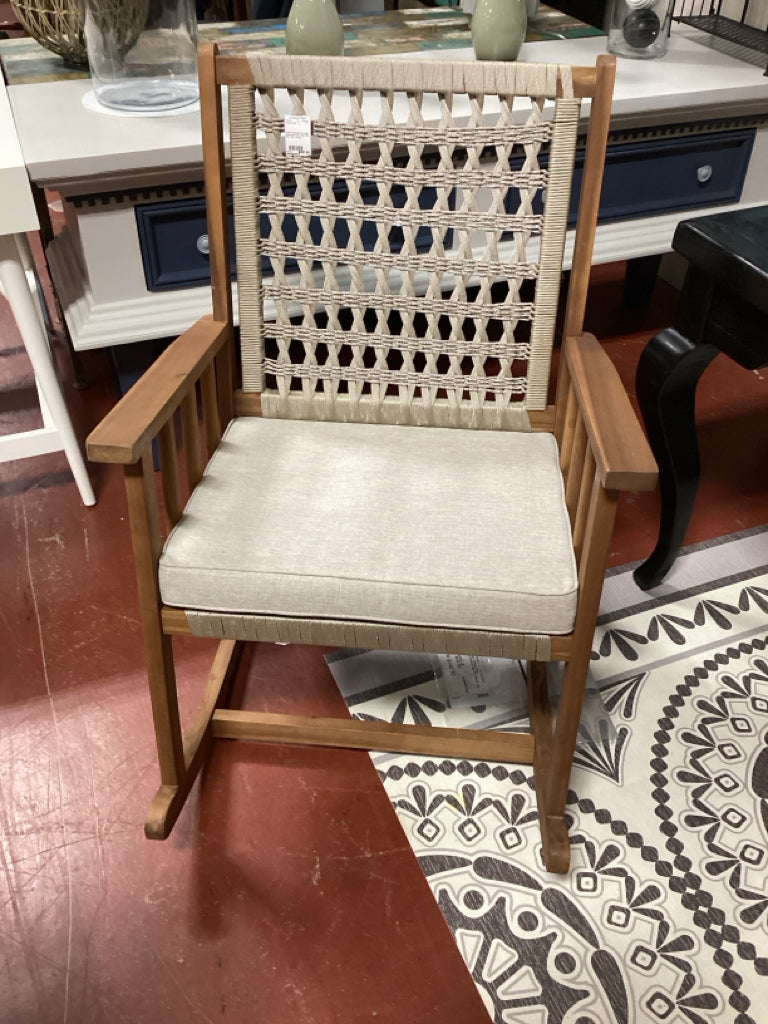 Outdoor Rocking Chair / beige woven seat & back/ teak frame 26w x 36d x 36 high