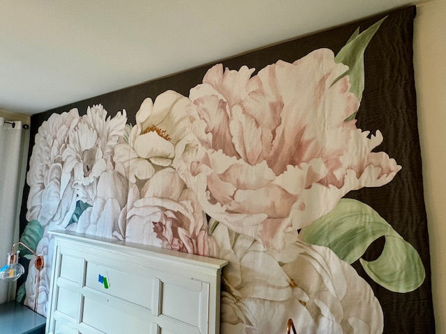 Gentle Peonies on grey background cloth wall mural; 119x94