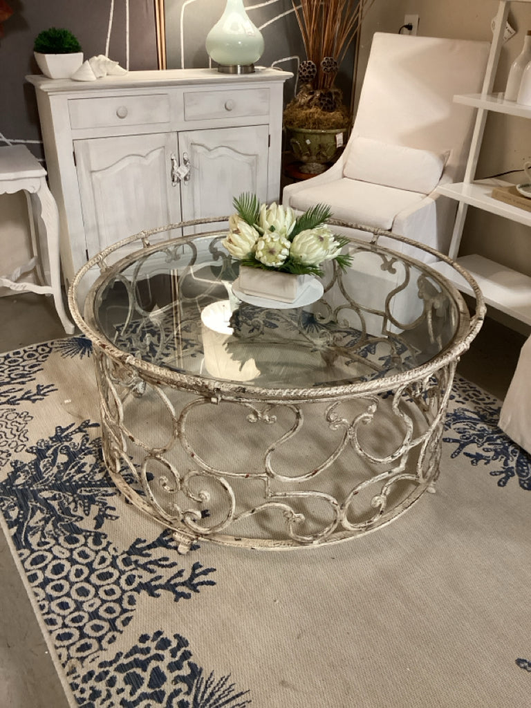 Vintage White washed scroll iron Coffee Table with glass top/ 43" round 22" high