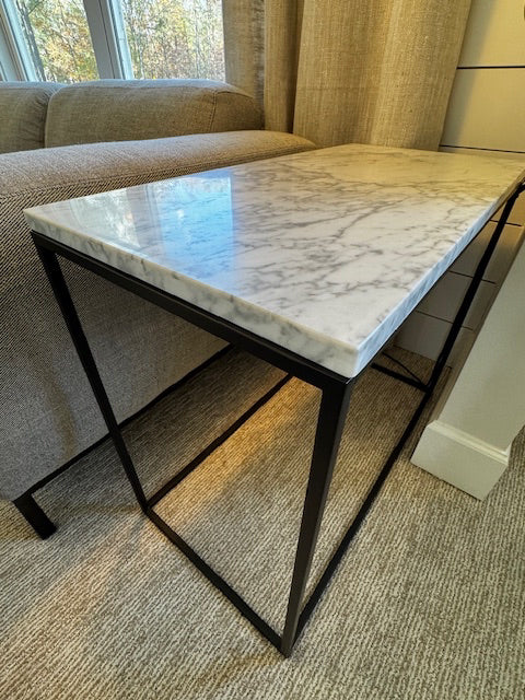 West Elm Streamline marble side table with blk bse; 14x28x22