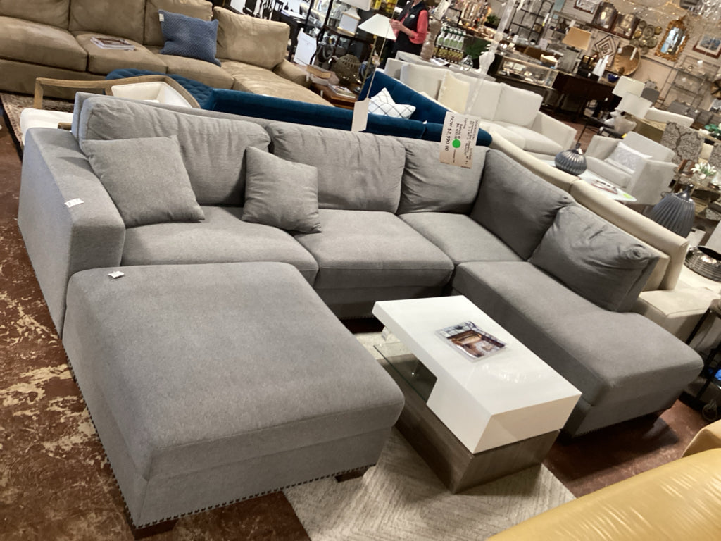Thomasville Gray Fabric Sectional with Ottoman 130" X 38" X 30"