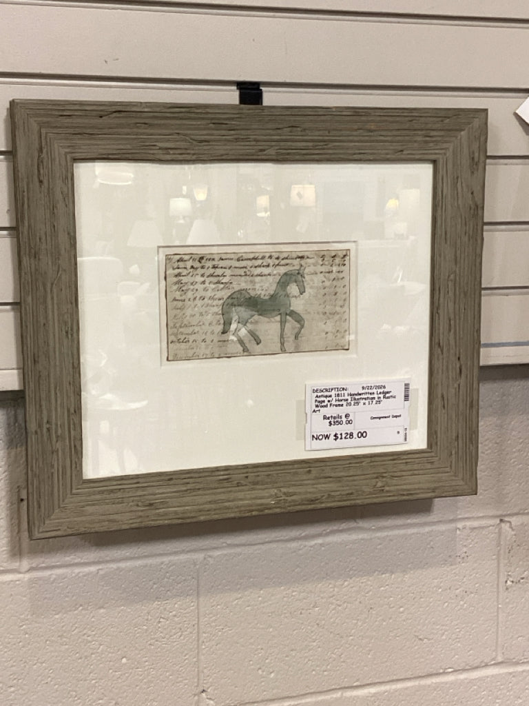 Antique 1811 Handwritten Ledger Page w/ Horse Illustration in Rustic Wood Frame