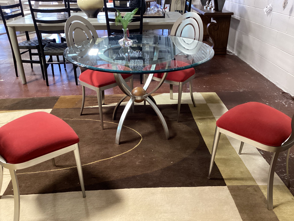 Ethan Allen Radius Dining Table Chair Set / brushed nickel & 46" glass top