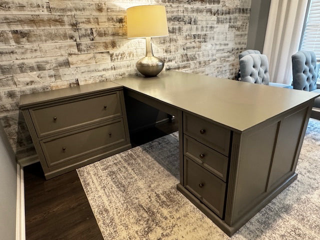 Ballard Designs Tuscan grey desk with file cabinet, Desk: 72x36x30, File Cab: 36