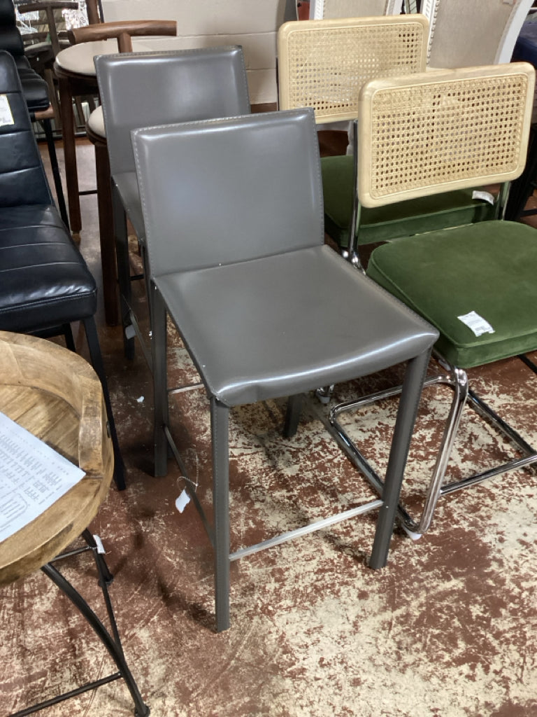 PAIR Grey Leather Counter Stools