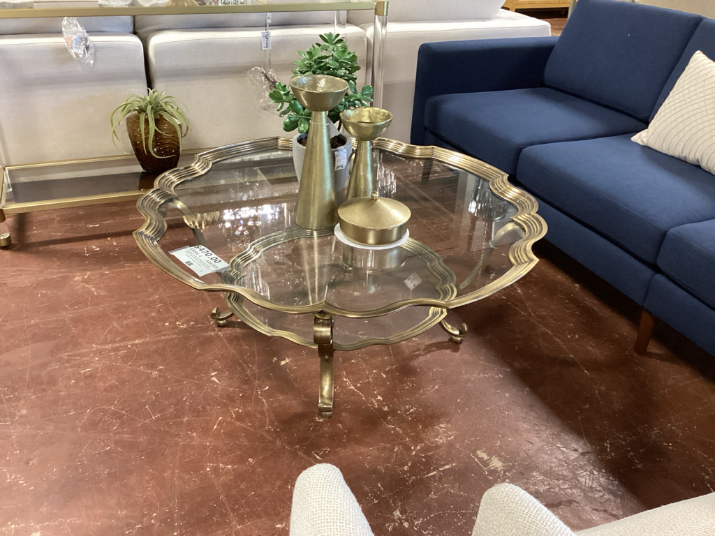 LaBarge Hollywood Regency Vintage Coffee Table / brass & glass 43 round 17 high