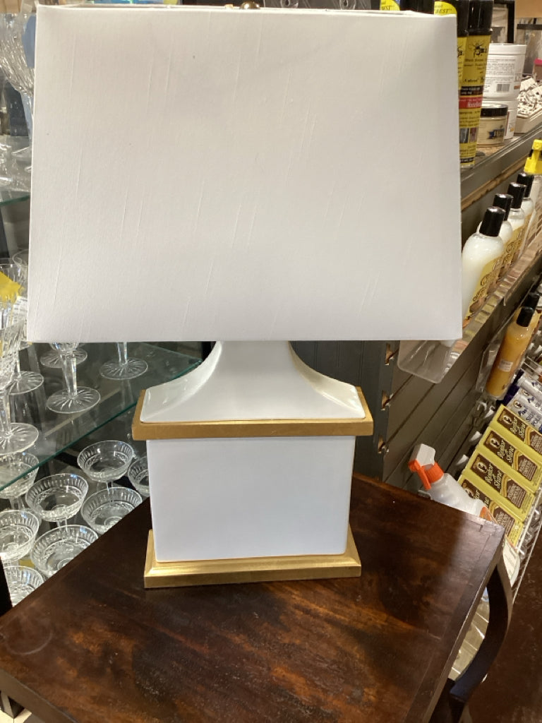 White  and Gold Ceramic Lamp with white shade 23"