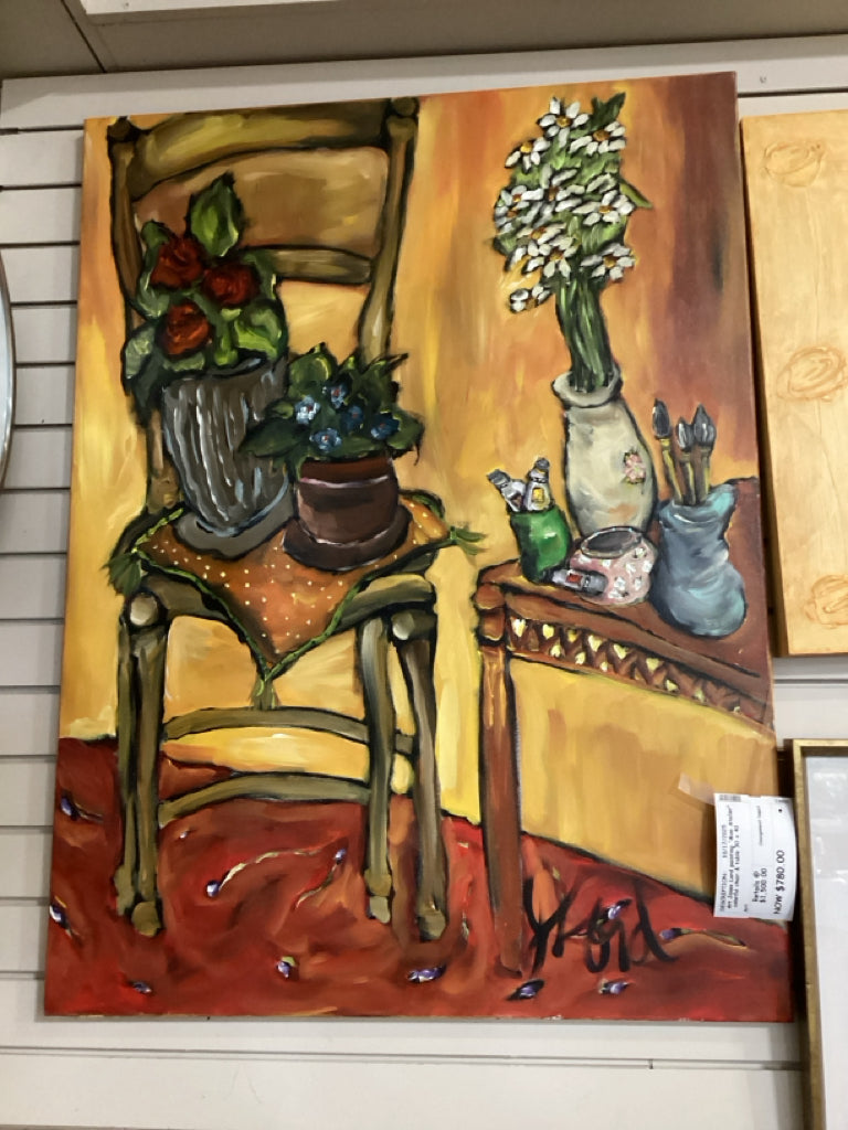 Art Josee Lord painting "Mon Atelier"  colorful chair & table 30 x 40