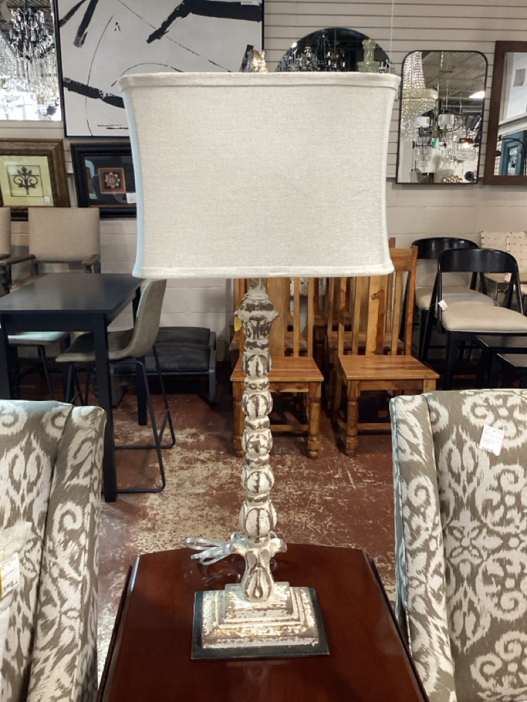 Vintage distressed wood lamp/ beige shad e32.5" tall