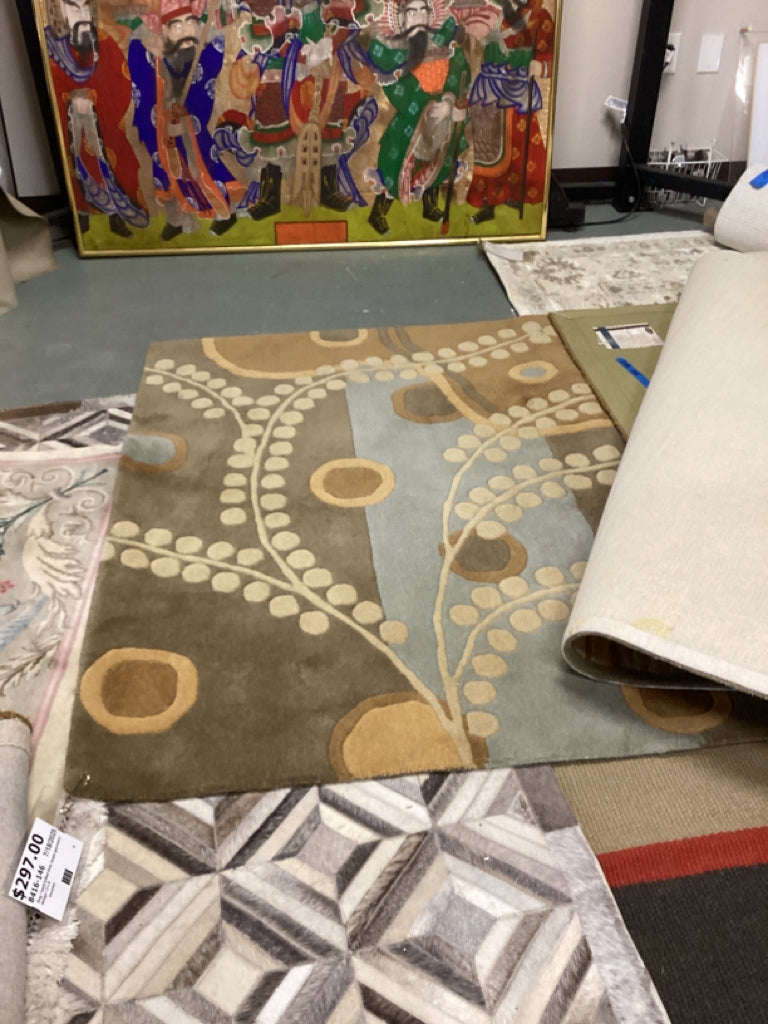 Rug / hand tufted blue, taupe geometric design / 5 x 8