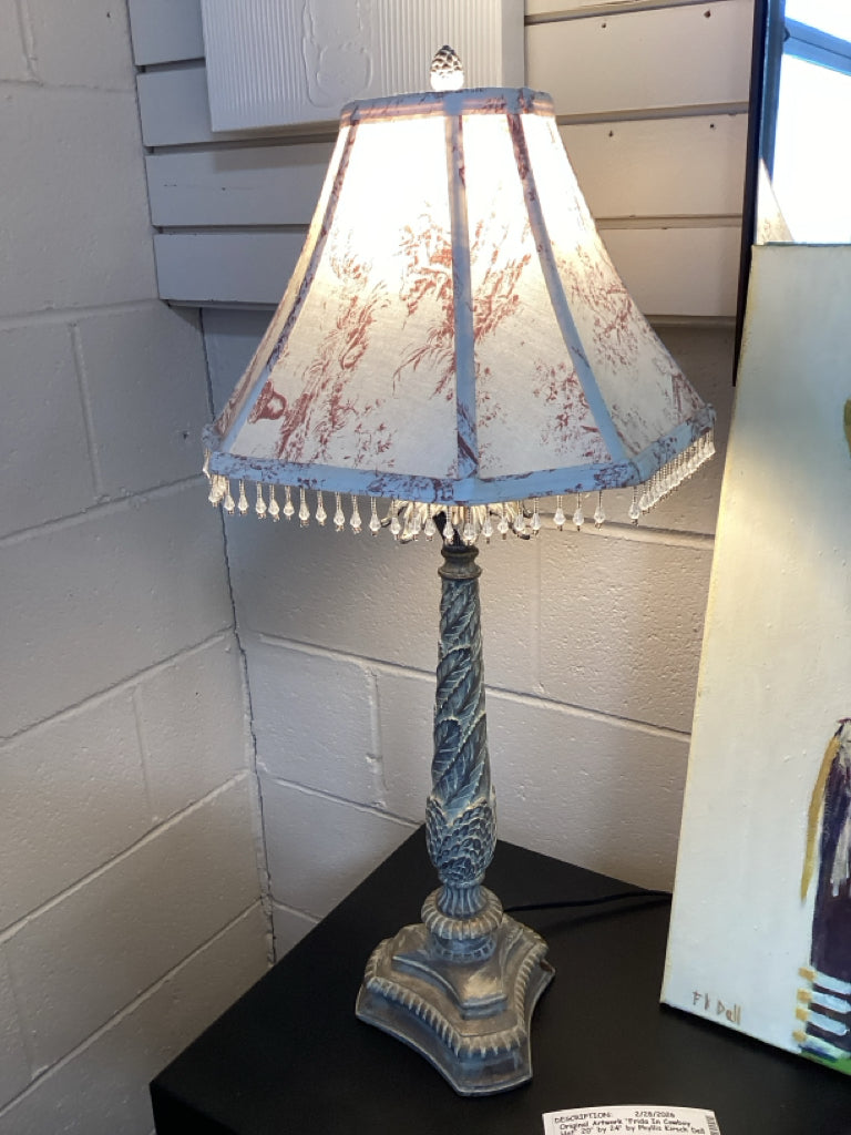 Pair of French |Country Toile Table Lamps -Ornate Antiqued-Finish Bases with To