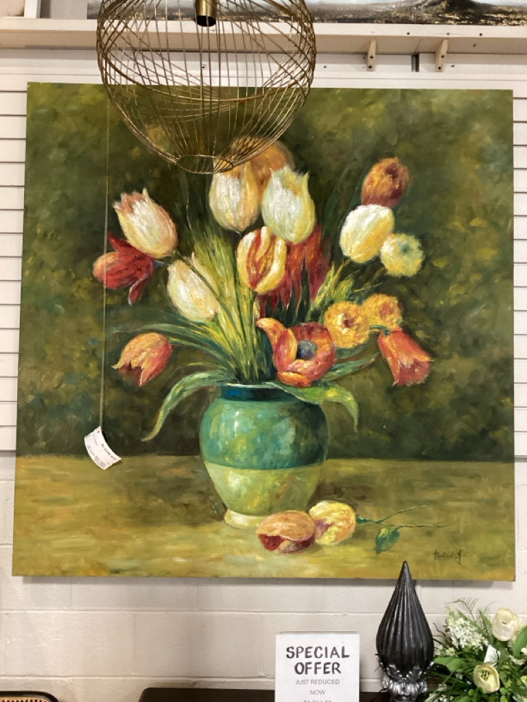 LARGE FLORAL CANVAS ART, SIGNED 60X60