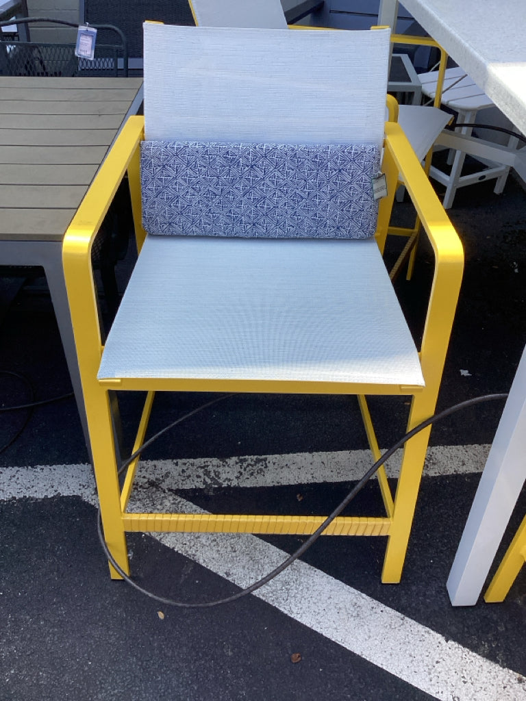 Brown Jordan, Richard Frinier Yellow Outdoor Bar Stool w/ Blue Back Pillow