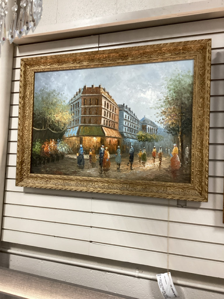 Framed Oil on Canvas Paris Street Painting  Style Ornate Gold Frame 28" X 42"