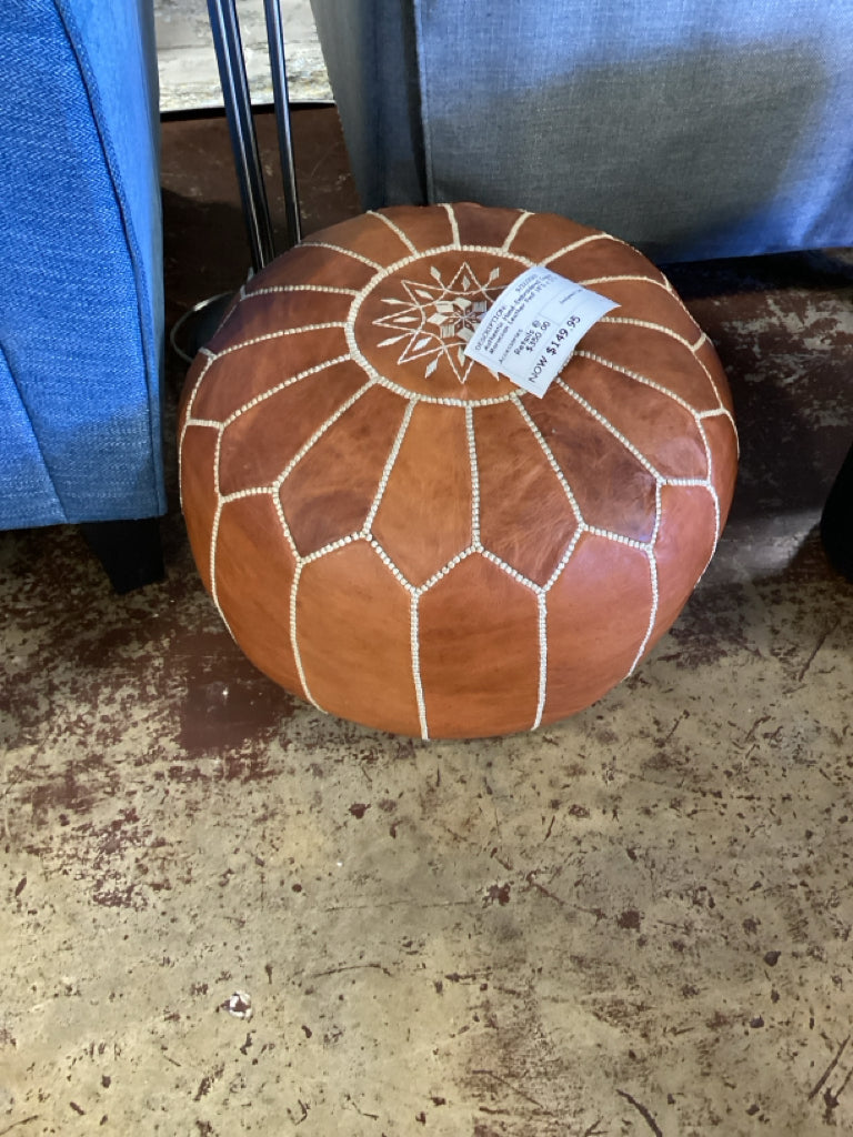 Authentic Hand-Embroidered Cognac Moroccan Leather Pouf 18"D x 12"H